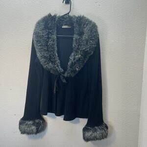 Y2K 90s Vintage Whimsigoth Pennylane Cardigan Coat Sweater Ribbed Faux Fur S/M